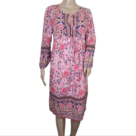 Noracora Boho Floral Print Calf Length Puff Sleeve Dress - Picture 1 of 5